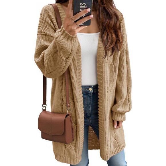 Sweaters - Womens Cable Knit Long Cardigan Loose Fit Fall Sweater Open Front Casual